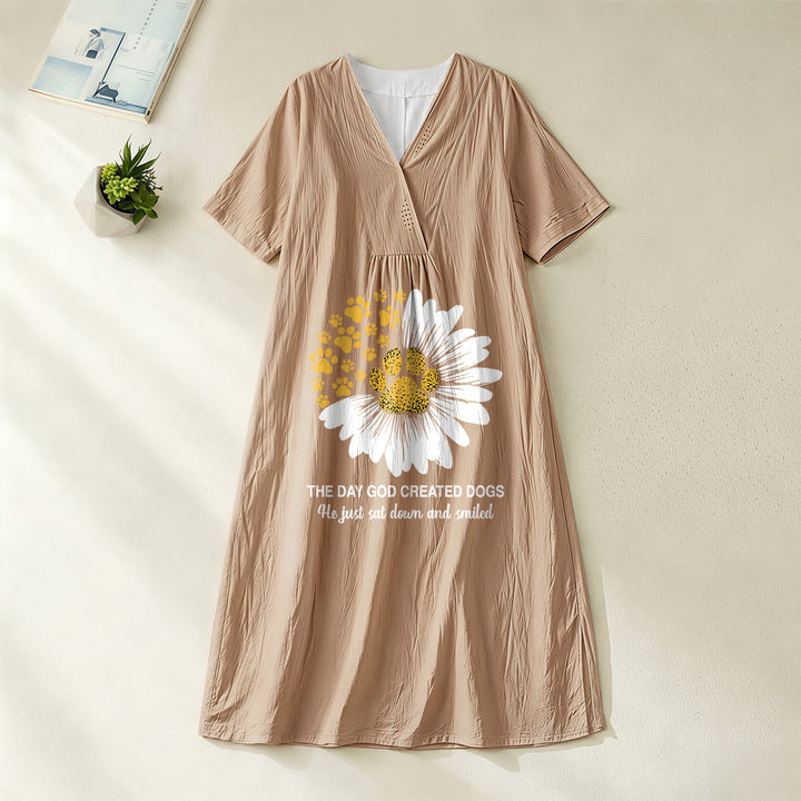 Christianartworkshop "The Day God Created Dogs" Daisy & Paw Print V-Neck Short Sleeve Midi Dress - Khaki - 4XL - image 8