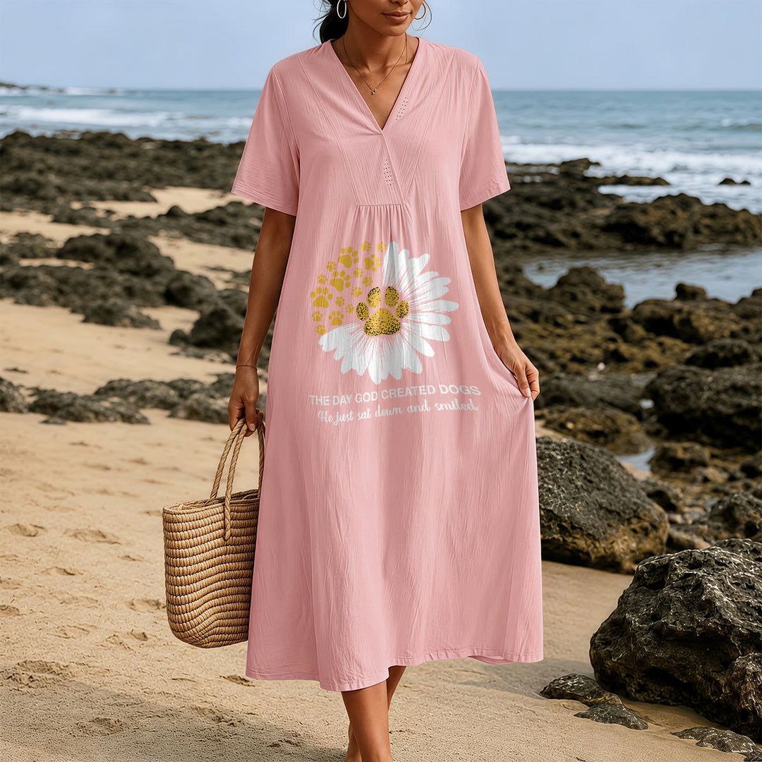 Christianartworkshop "The Day God Created Dogs" Daisy & Paw Print V-Neck Short Sleeve Midi Dress - image 11