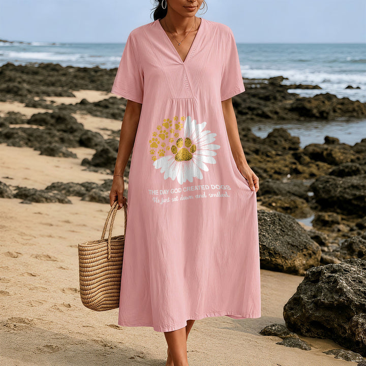 Christianartworkshop "The Day God Created Dogs" Daisy & Paw Print V-Neck Short Sleeve Midi Dress - image 11