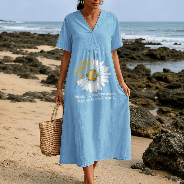 Christianartworkshop "The Day God Created Dogs" Daisy & Paw Print V-Neck Short Sleeve Midi Dress - image 5