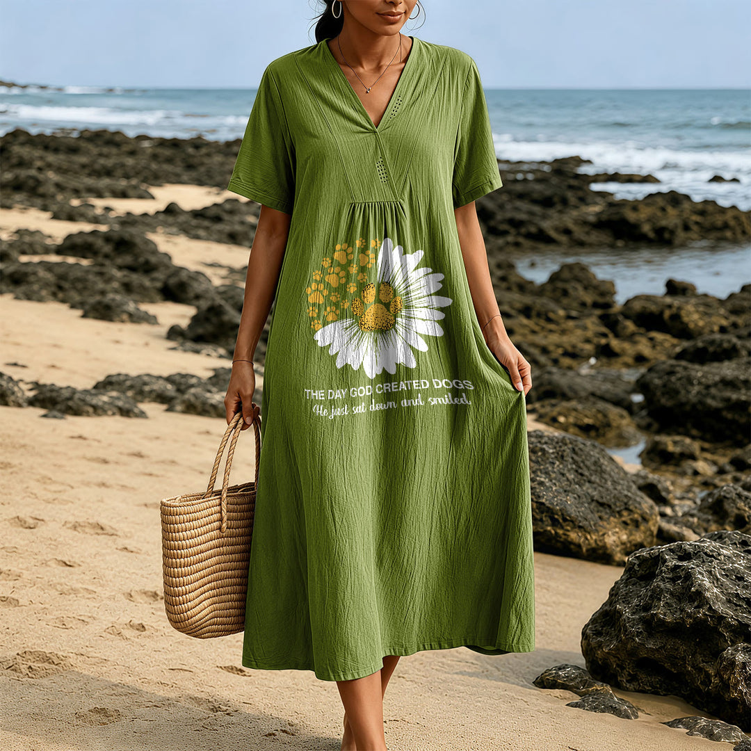 Christianartworkshop "The Day God Created Dogs" Daisy & Paw Print V-Neck Short Sleeve Midi Dress - image 8