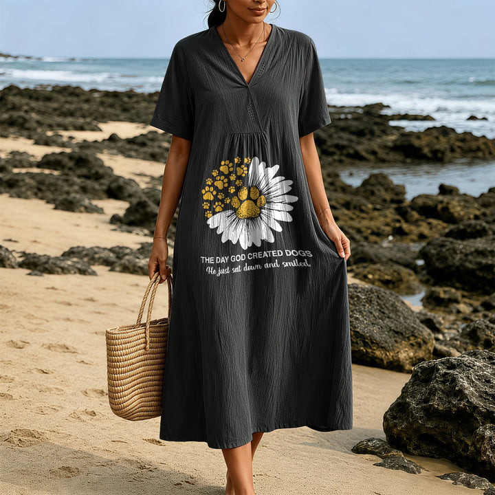 Christianartworkshop "The Day God Created Dogs" Daisy & Paw Print V-Neck Short Sleeve Midi Dress - image 4