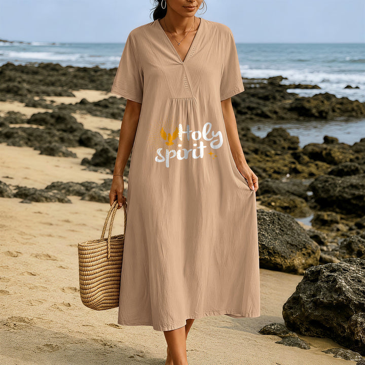 Christianartworkshop "Holy Spirit" Dove & Sunburst Print V-Neck Short Sleeve Midi Dress - image 9
