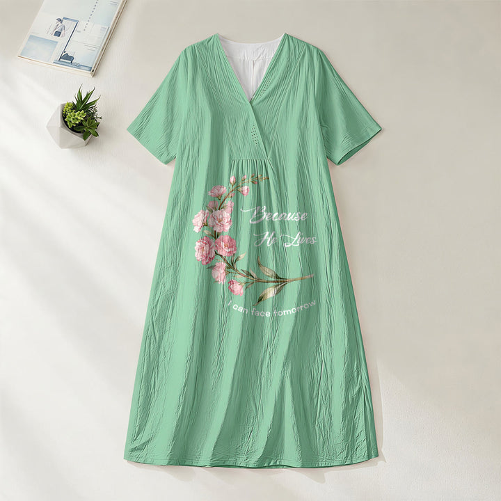 Christianartworkshop "Because He Lives I Can Face Tomorrow" Floral Branch Print V-Neck Short Sleeve Midi Dress - Green - 4XL - image 6