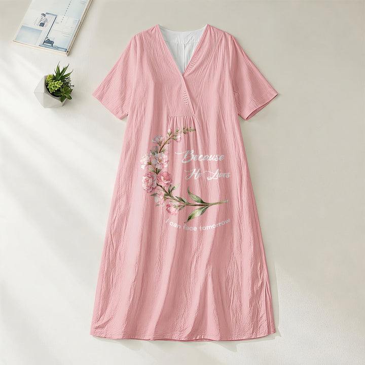 Christianartworkshop "Because He Lives I Can Face Tomorrow" Floral Branch Print V-Neck Short Sleeve Midi Dress - Pink - 4XL - image 0