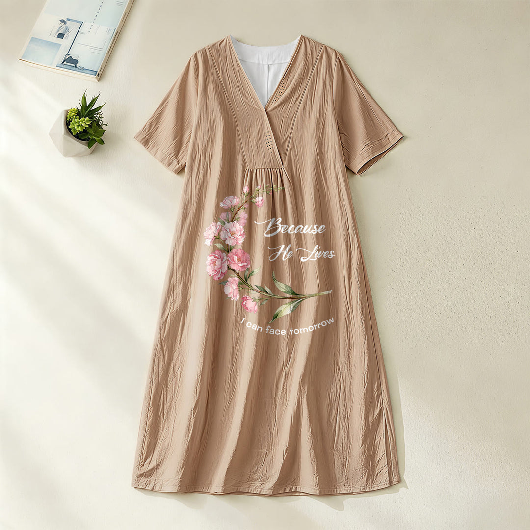 Christianartworkshop "Because He Lives I Can Face Tomorrow" Floral Branch Print V-Neck Short Sleeve Midi Dress - Khaki - 4XL - image 10