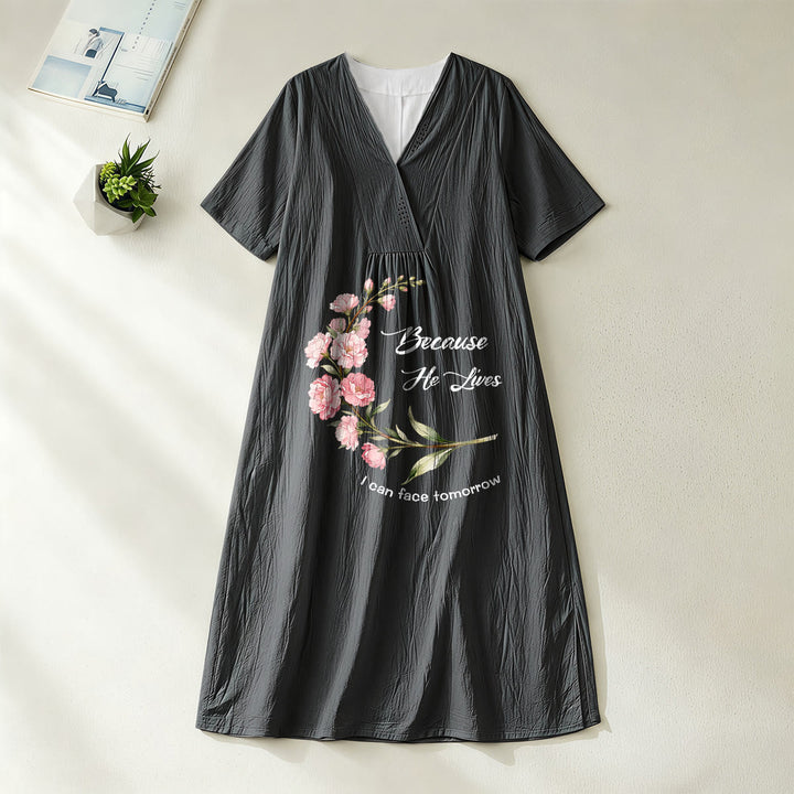 Christianartworkshop "Because He Lives I Can Face Tomorrow" Floral Branch Print V-Neck Short Sleeve Midi Dress - Black - 4XL - image 2
