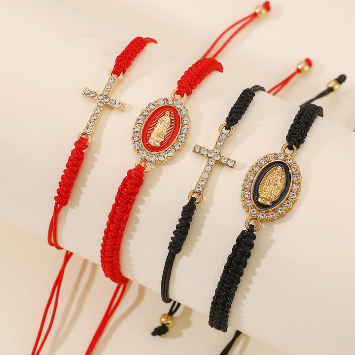 Christianartworkshop Dual Braided Cord Bracelet Set with Zircon-Encrusted Cross & Rhinestone Halo Our Lady Medal - image 0