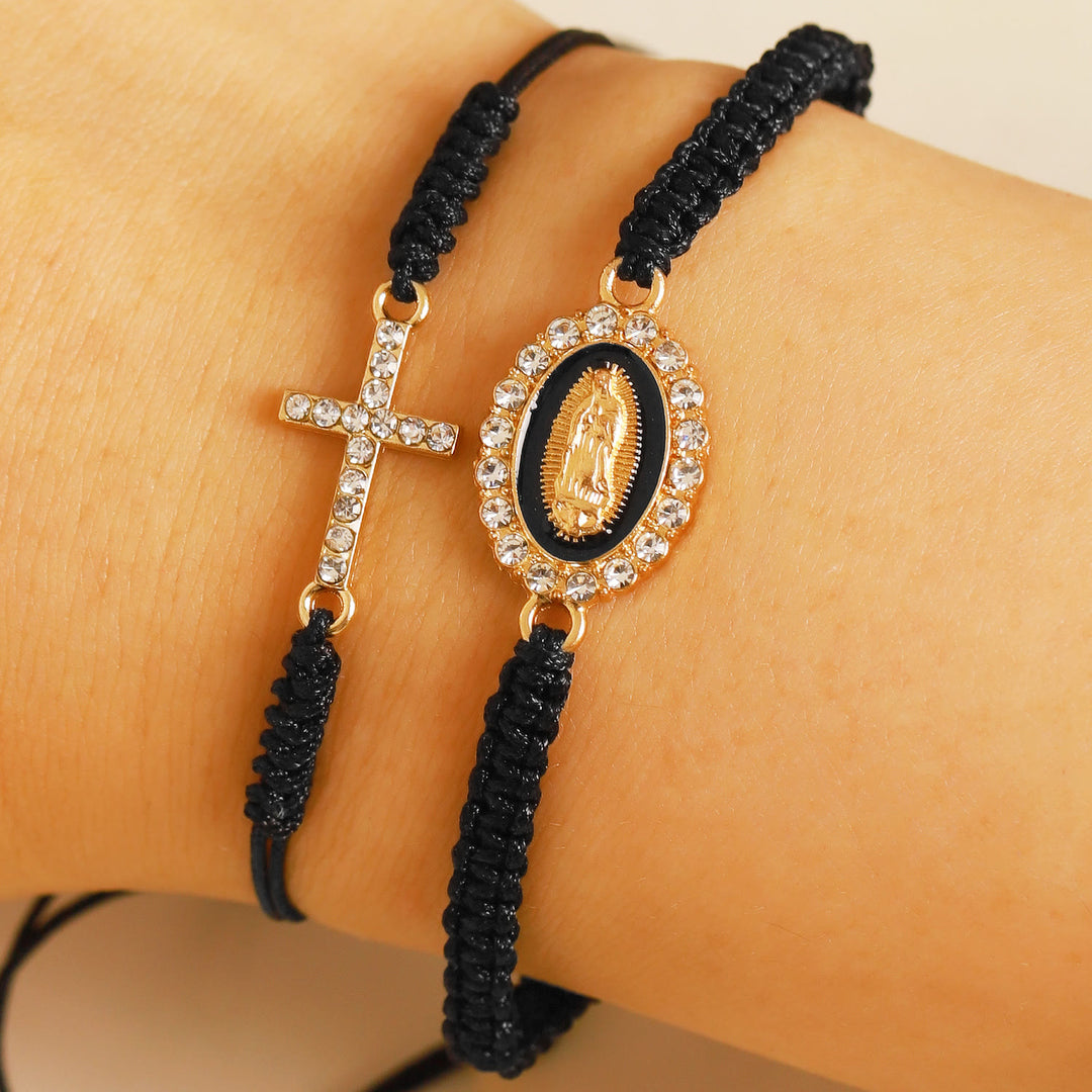 FREE Today: Dual Braided Cord Bracelet Set with Zircon-Encrusted Cross & Rhinestone Halo Our Lady Medal - Black - image 5