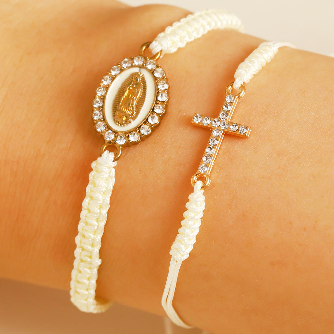 FREE Today: Dual Braided Cord Bracelet Set with Zircon-Encrusted Cross & Rhinestone Halo Our Lady Medal - White - image 4