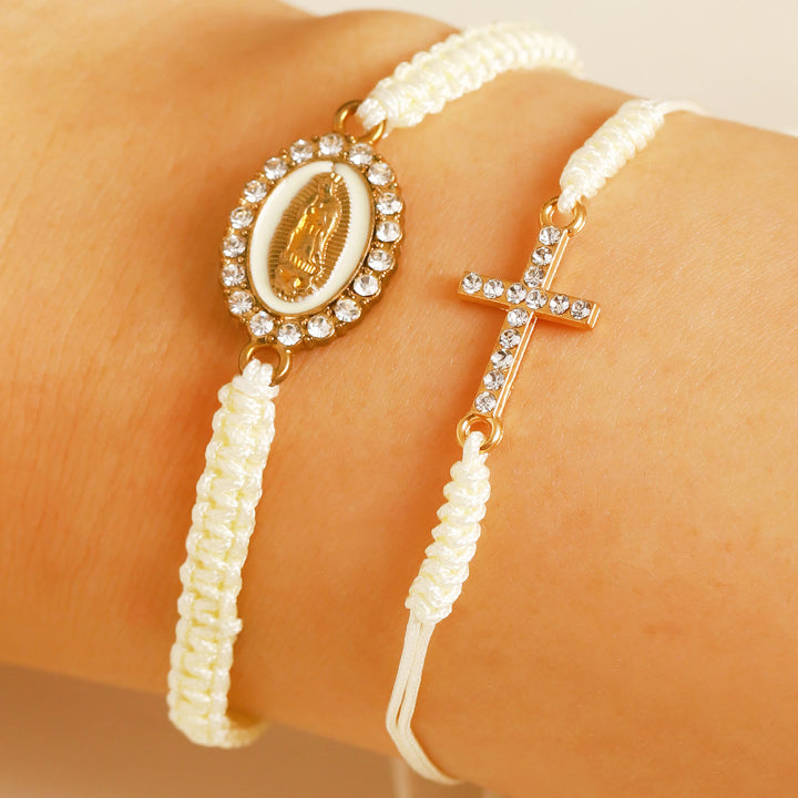 FREE Today: Dual Braided Cord Bracelet Set with Zircon-Encrusted Cross & Rhinestone Halo Our Lady Medal - White - image 4