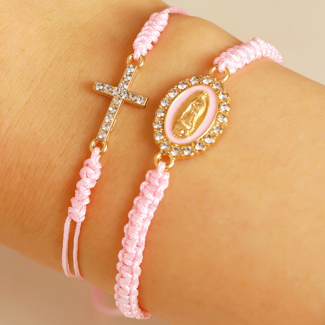 FREE Today: Dual Braided Cord Bracelet Set with Zircon-Encrusted Cross & Rhinestone Halo Our Lady Medal - Pink - image 3