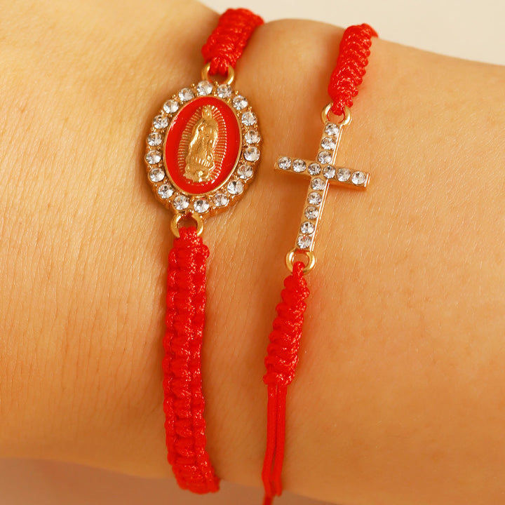 FREE Today: Dual Braided Cord Bracelet Set with Zircon-Encrusted Cross & Rhinestone Halo Our Lady Medal - Red - image 2