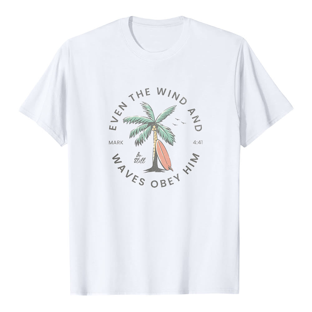 Christianartworkshop Mark 4:41 "Even The Wind And Waves Obey Him" Beach Graphic Premium Short Sleeve T-Shirt - White - 2XL - image 1