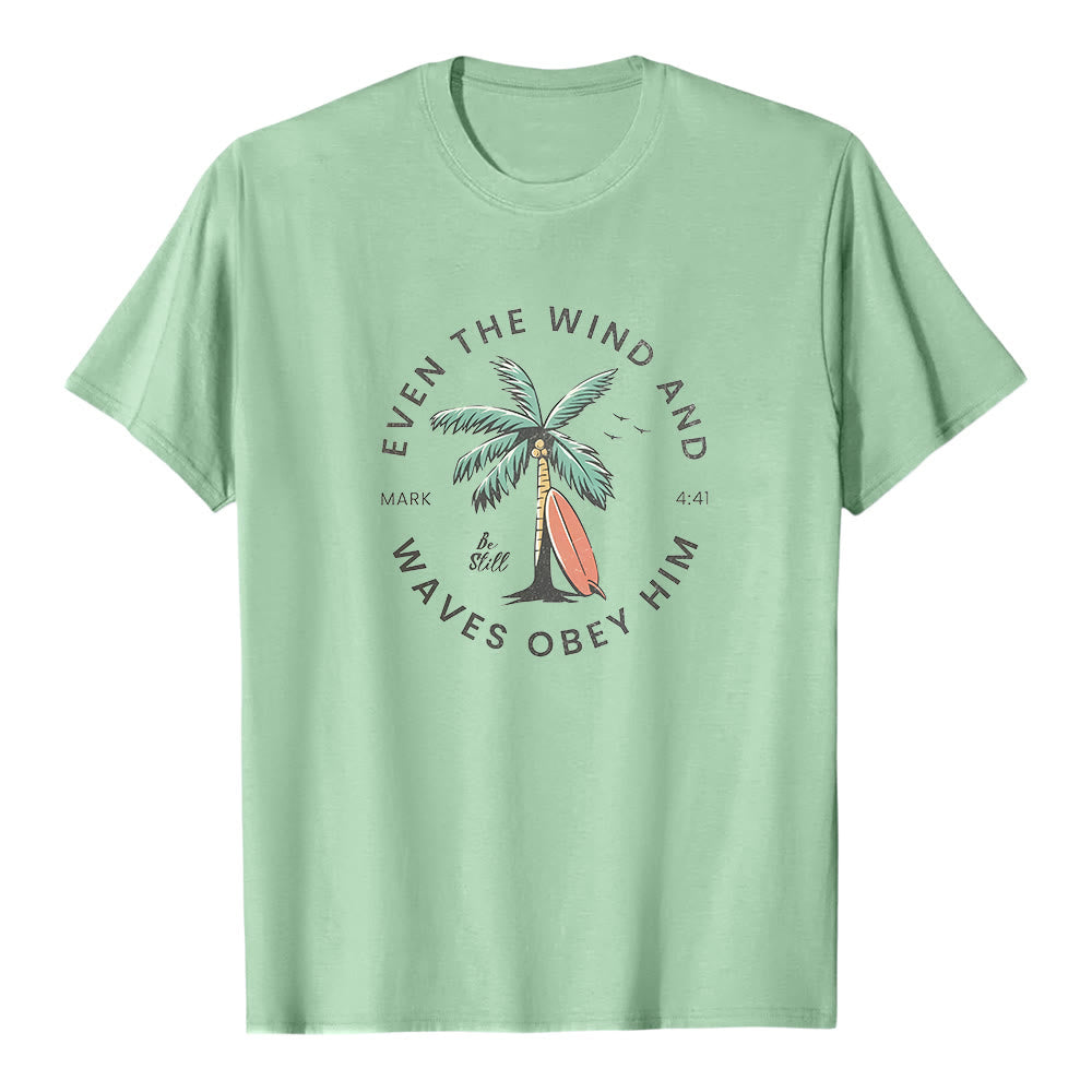 Christianartworkshop Mark 4:41 "Even The Wind And Waves Obey Him" Beach Graphic Premium Short Sleeve T-Shirt - Light Green - 2XL - image 7