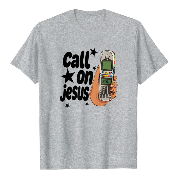 Christianartworkshop "Call On Jesus" Retro Flip Phone Graphic Premium Short Sleeve T-Shirt - Grey - 2XL - image 2