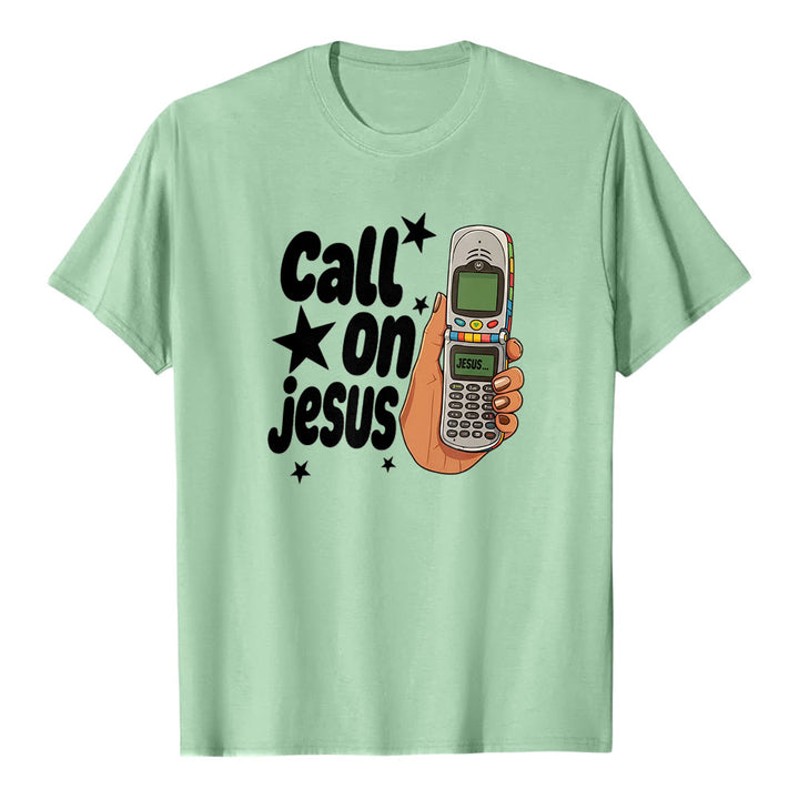 Christianartworkshop "Call On Jesus" Retro Flip Phone Graphic Premium Short Sleeve T-Shirt - Light Green - 2XL - image 6