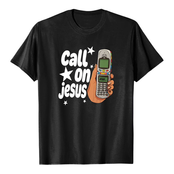 Christianartworkshop "Call On Jesus" Retro Flip Phone Graphic Premium Short Sleeve T-Shirt - Black - 2XL - image 1