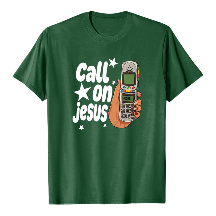 Christianartworkshop "Call On Jesus" Retro Flip Phone Graphic Premium Short Sleeve T-Shirt - Dark Green - 2XL - image 7