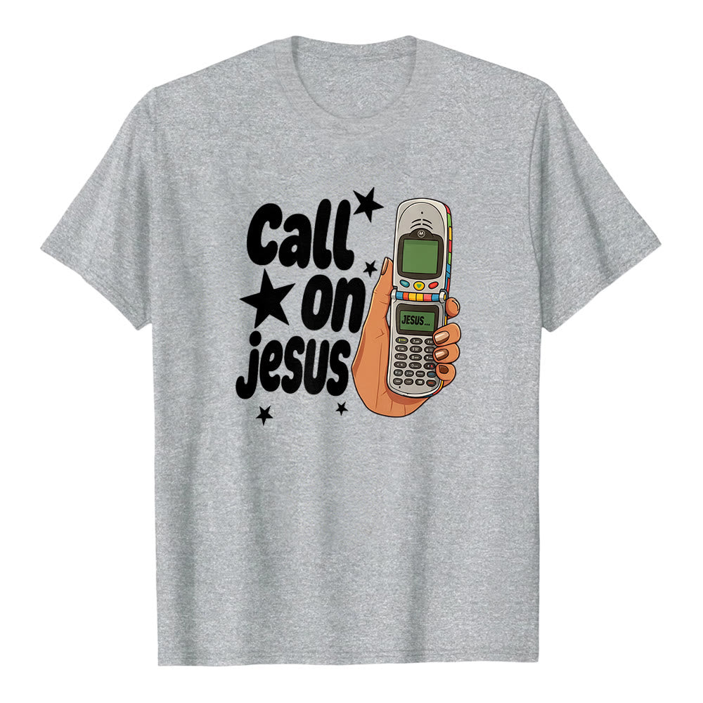 Christianartworkshop "Call On Jesus" Retro Flip Phone Graphic Premium Short Sleeve T-Shirt - Grey - 2XL - image 2