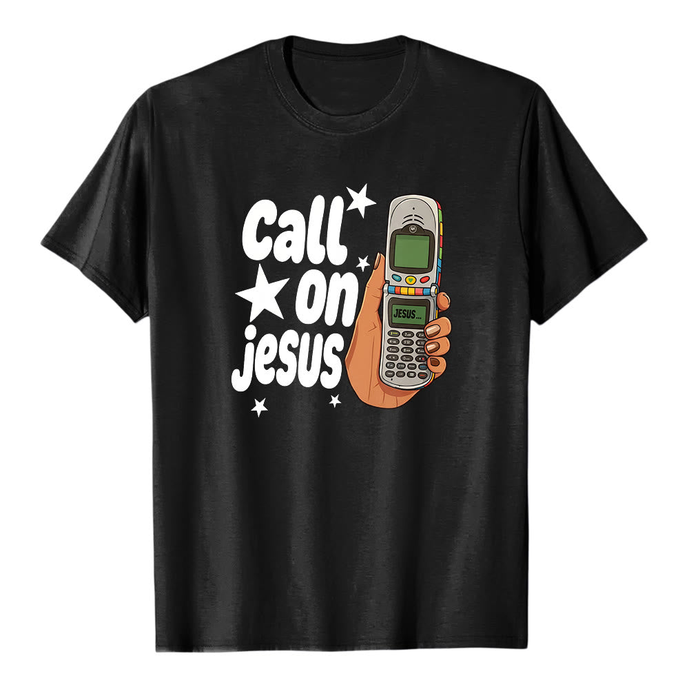 Christianartworkshop "Call On Jesus" Retro Flip Phone Graphic Premium Short Sleeve T-Shirt - Black - 2XL - image 1