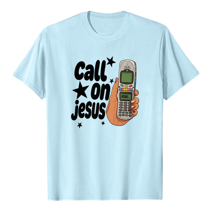Christianartworkshop "Call On Jesus" Retro Flip Phone Graphic Premium Short Sleeve T-Shirt - Blue - 2XL - image 5