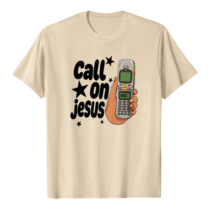 Christianartworkshop "Call On Jesus" Retro Flip Phone Graphic Premium Short Sleeve T-Shirt - Beige - 2XL - image 4