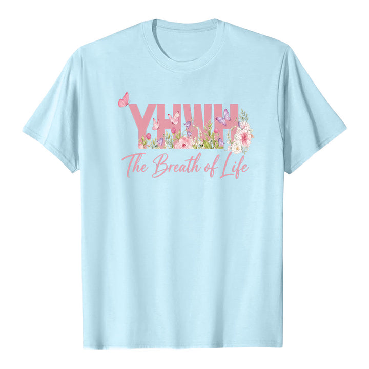 Christianartworkshop Pastel Floral & Butterfly "YHWH" Premium Short Sleeve T-Shirt - Blue - 2XL - image 5