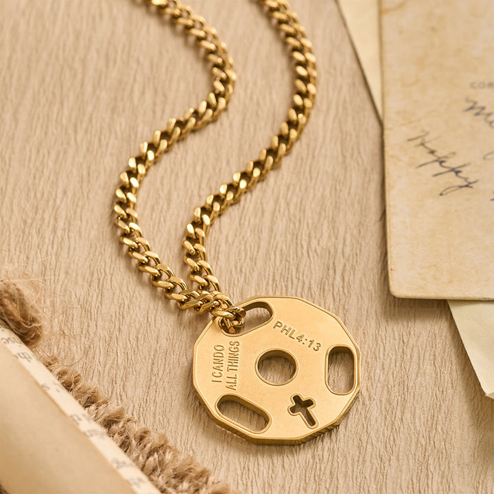 FREE Today: Sporty Fitness Gym Dumbbell Necklace with Openwork Cross: A Reminder of Divine Strength - Golden - image 6
