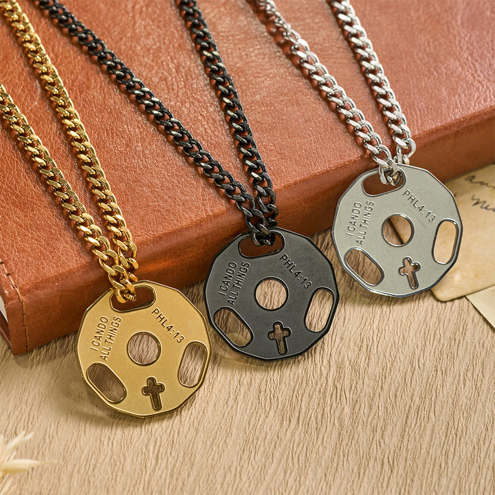 FREE Today: Sporty Fitness Gym Dumbbell Necklace with Openwork Cross: A Reminder of Divine Strength - image 0