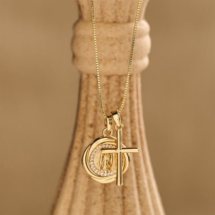 Christianartworkshop Double Pendant Necklace with Zircon-Encircled Our Lady Medallion & Polished Cross Charm - image 1