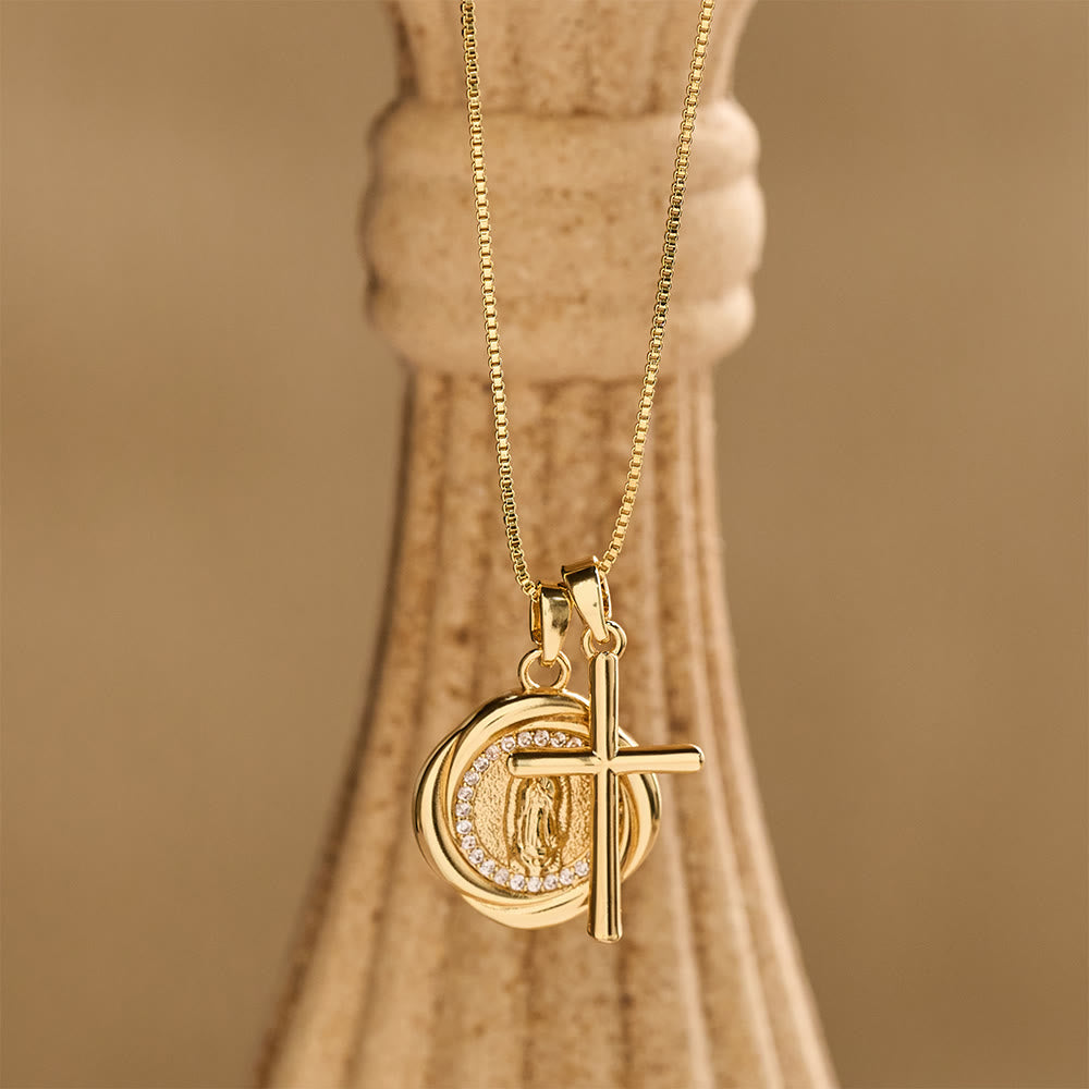 FREE Today: Double Pendant Necklace with Zircon-Encircled Our Lady Medallion & Polished Cross Charm - image 1