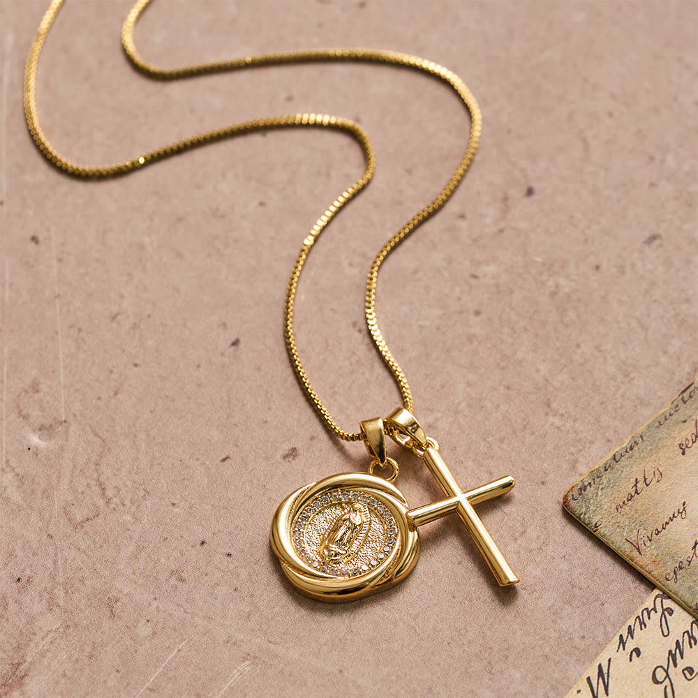 FREE Today: Double Pendant Necklace with Zircon-Encircled Our Lady Medallion & Polished Cross Charm - image 2
