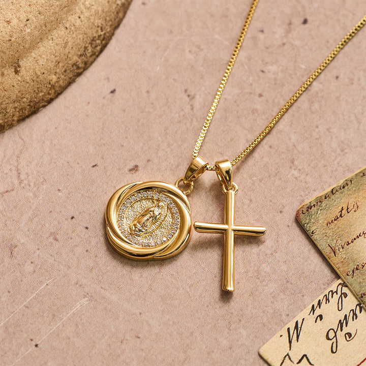 FREE Today: Double Pendant Necklace with Zircon-Encircled Our Lady Medallion & Polished Cross Charm - Our Lady & Cross - image 0