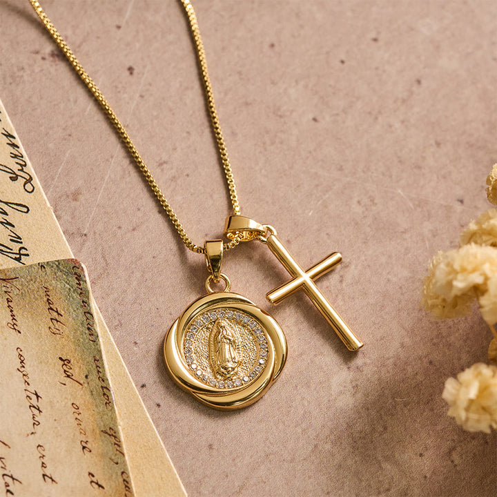 FREE Today: Double Pendant Necklace with Zircon-Encircled Our Lady Medallion & Polished Cross Charm - image 3