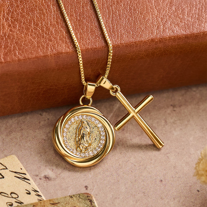 FREE Today: Double Pendant Necklace with Zircon-Encircled Our Lady Medallion & Polished Cross Charm - image 4