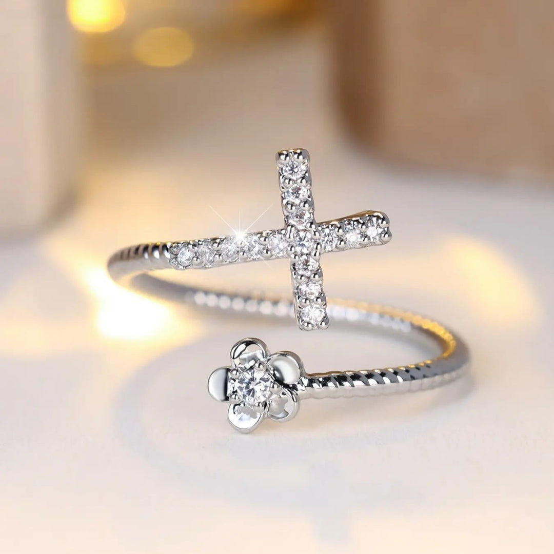 FREE Today: Open Cuff Ring with Pave Zircon Cross and Flower Zircon Accent: A Symbol of Tender Grace & Steadfast Sacred Faith - Silver(Suitable for US 5-9) - image 3