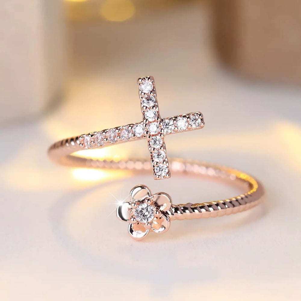 FREE Today: Open Cuff Ring with Pave Zircon Cross and Flower Zircon Accent: A Symbol of Tender Grace & Steadfast Sacred Faith - image 1
