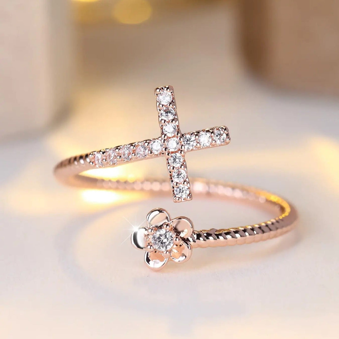 FREE Today: Open Cuff Ring with Pave Zircon Cross and Flower Zircon Accent: A Symbol of Tender Grace & Steadfast Sacred Faith - image 1