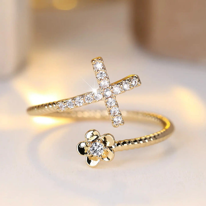 Christianartworkshop Open Cuff Ring with Pave Zircon Cross and Flower Zircon Accent: A Symbol of Tender Grace & Steadfast Sacred Faith - Golden - image 2
