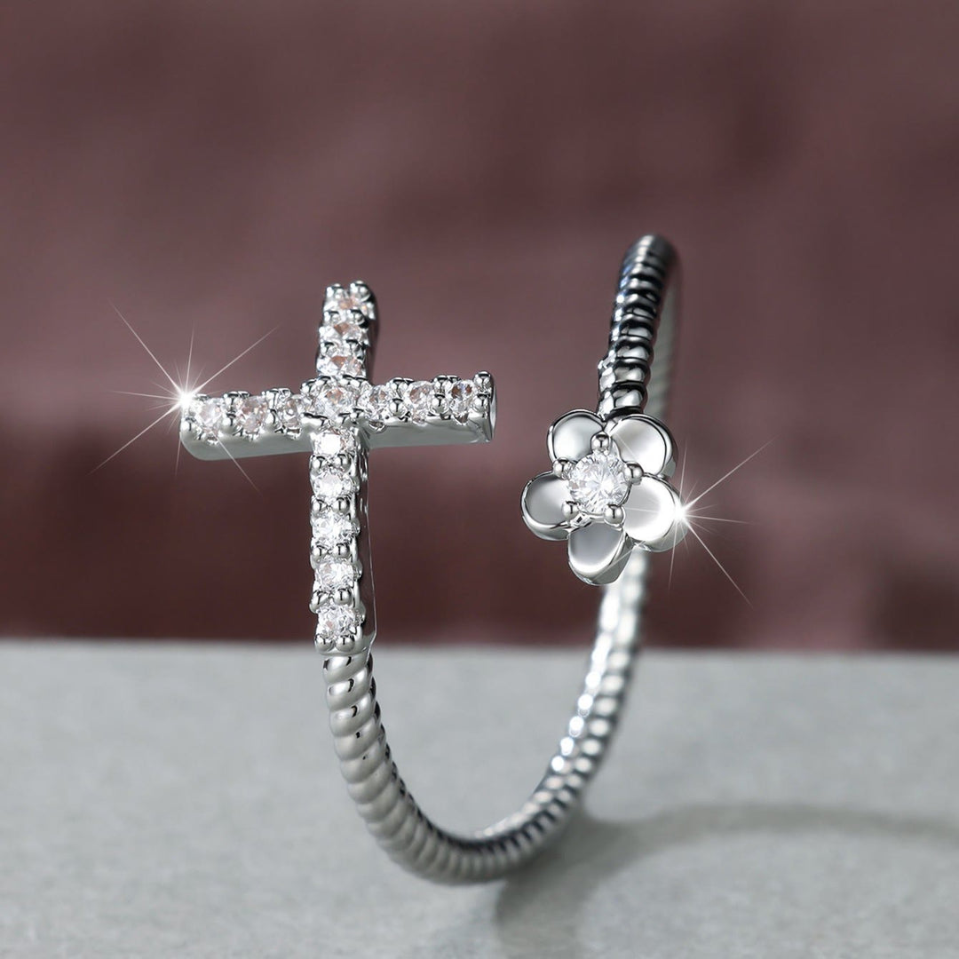 Christianartworkshop Open Cuff Ring with Pave Zircon Cross and Flower Zircon Accent: A Symbol of Tender Grace & Steadfast Sacred Faith - image 4