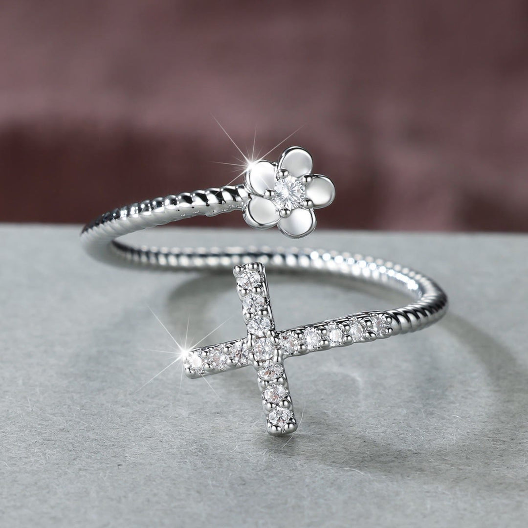 Christianartworkshop Open Cuff Ring with Pave Zircon Cross and Flower Zircon Accent: A Symbol of Tender Grace & Steadfast Sacred Faith - image 7