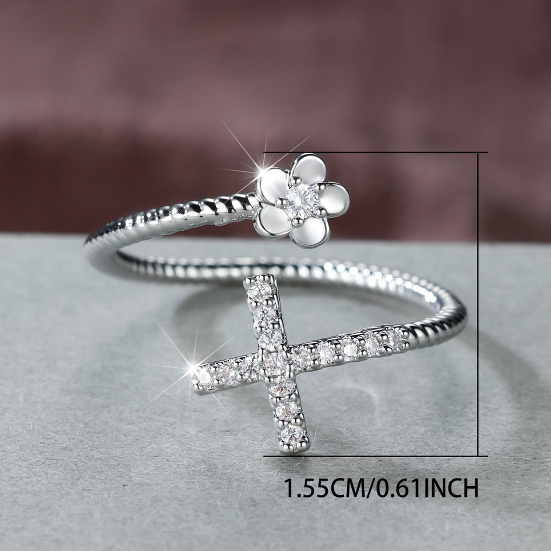 FREE Today: Open Cuff Ring with Pave Zircon Cross and Flower Zircon Accent: A Symbol of Tender Grace & Steadfast Sacred Faith - image 8
