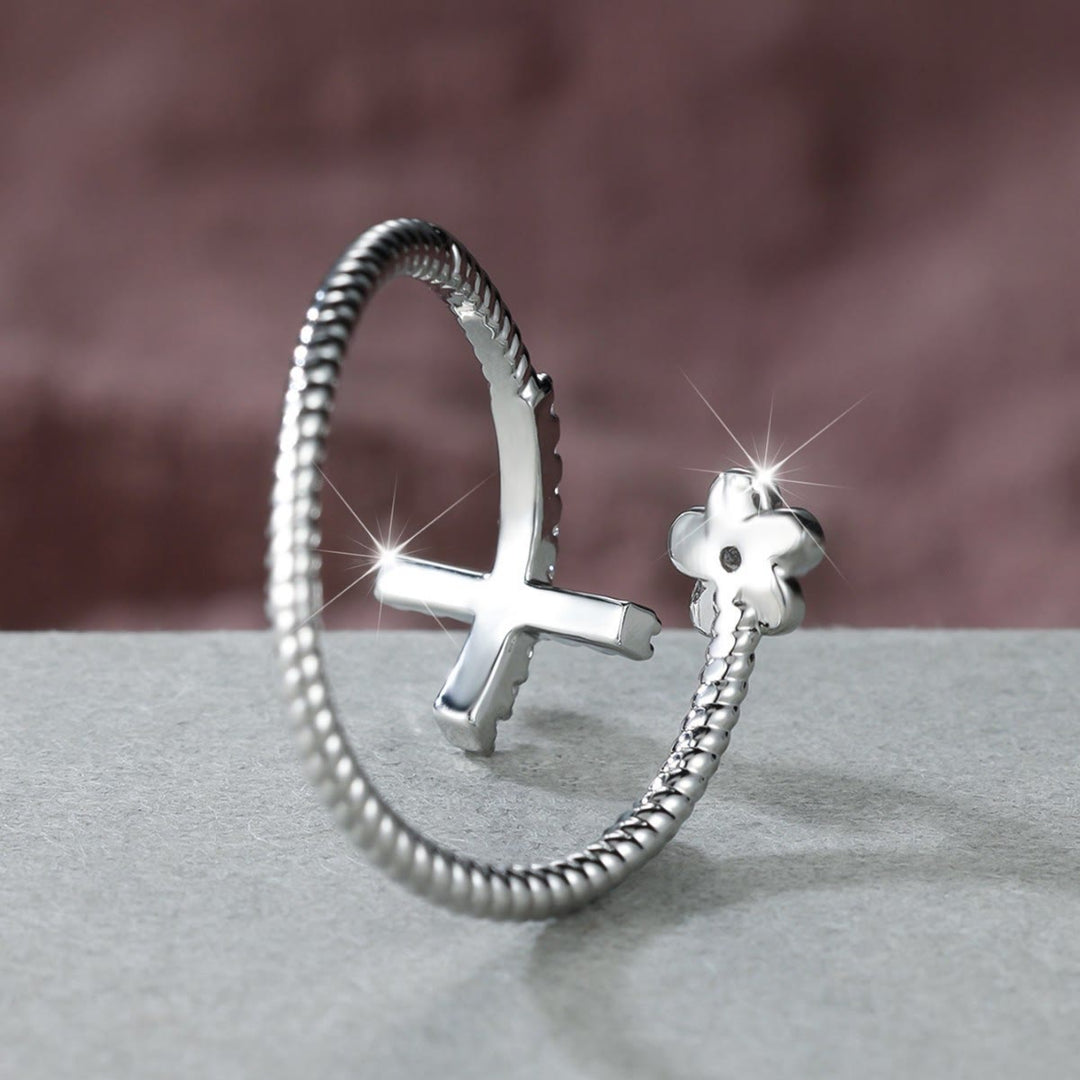 FREE Today: Open Cuff Ring with Pave Zircon Cross and Flower Zircon Accent: A Symbol of Tender Grace & Steadfast Sacred Faith - image 5