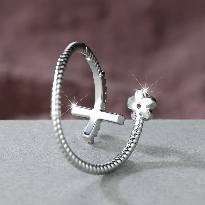 FREE Today: Open Cuff Ring with Pave Zircon Cross and Flower Zircon Accent: A Symbol of Tender Grace & Steadfast Sacred Faith - image 5