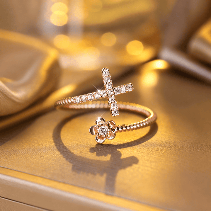 Christianartworkshop Open Cuff Ring with Pave Zircon Cross and Flower Zircon Accent: A Symbol of Tender Grace & Steadfast Sacred Faith - Rosegold - image 0