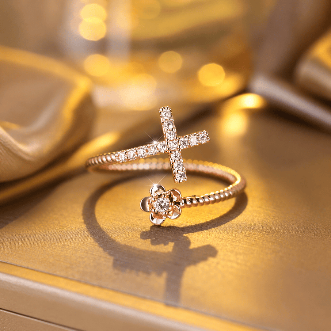 FREE Today: Open Cuff Ring with Pave Zircon Cross and Flower Zircon Accent: A Symbol of Tender Grace & Steadfast Sacred Faith - Rosegold(Suitable for US 5-9) - image 0