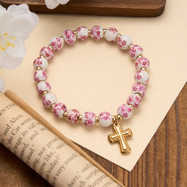 FREE Today: 4-Style Floral Ceramic Bead Stretch Bracelet with Gold-Tone Cross Charm: A Symbol of Gentle Heavenly Grace - Pink - image 3