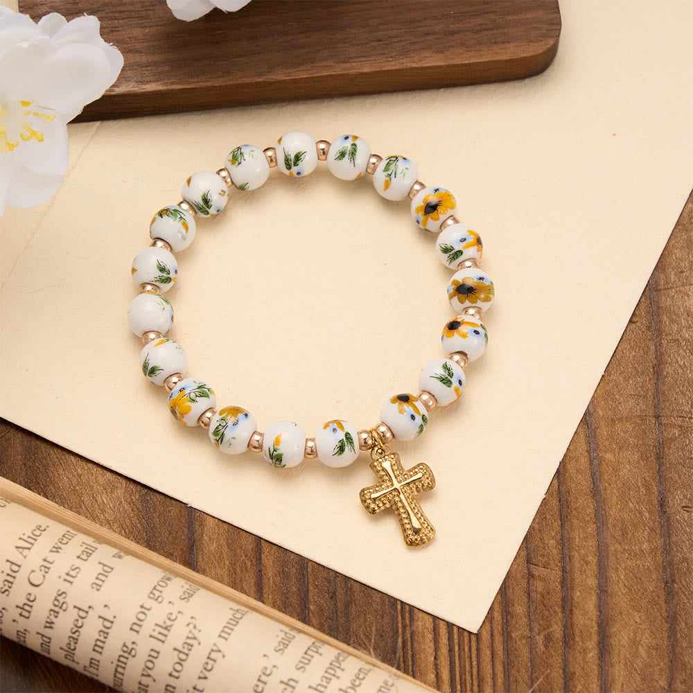 FREE Today: 4-Style Floral Ceramic Bead Stretch Bracelet with Gold-Tone Cross Charm: A Symbol of Gentle Heavenly Grace - Yellow - image 4