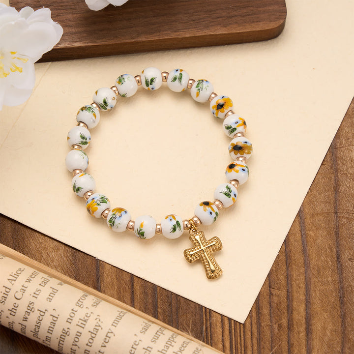 FREE Today: 4-Style Floral Ceramic Bead Stretch Bracelet with Gold-Tone Cross Charm: A Symbol of Gentle Heavenly Grace - Yellow - image 4